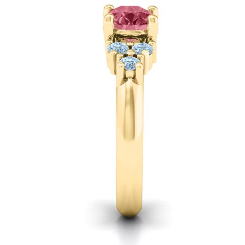 Flourish Engagement Ring – 9kt Yellow Gold with Red Premium Zirconia and Aquamarine
