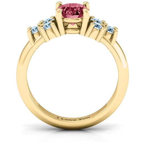 Flourish Engagement Ring – 9kt Yellow Gold with Red Premium Zirconia and Aquamarine