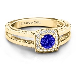 Intricate Love Ring in 9K Solid Yellow Gold with Blue Sapphire, Cubic Zirconia, and White Premium Zirconia