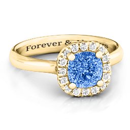 Cushion Halo Ring in 9K Solid Yellow Gold with Fancy Blue Premium Zirconia and White Premium Zirconia