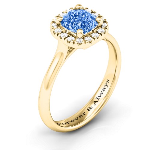 Cushion Halo Ring – 9kt Yellow Gold with Fancy Blue Premium Zirconia and White Premium Zirconia