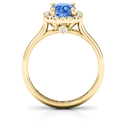 Cushion Halo Ring – 9kt Yellow Gold with Fancy Blue Premium Zirconia and White Premium Zirconia