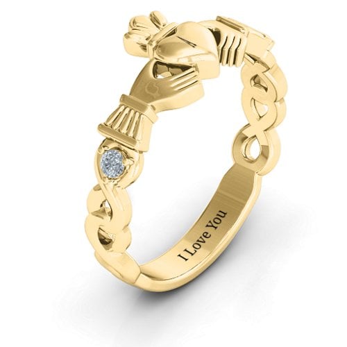 Infinity Claddagh With Side Stones Ring – 9kt Yellow Gold with Cubic Zirconia