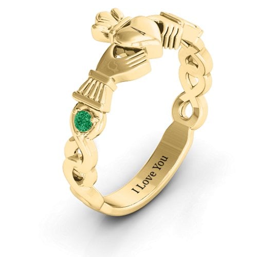 Infinity Claddagh With Side Stones Ring – 9kt Yellow Gold with Emerald and Ruby