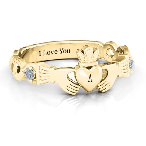 Infinity Claddagh With Side Stones Ring – 9kt Yellow Gold with Cubic Zirconia