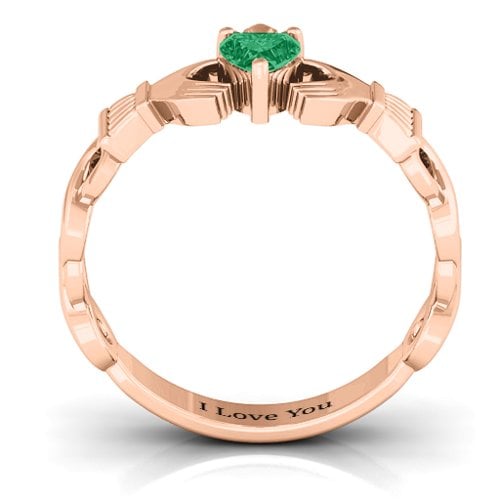 Infinity Claddagh with Heart Stone Ring – 9kt Rose Gold with Emerald