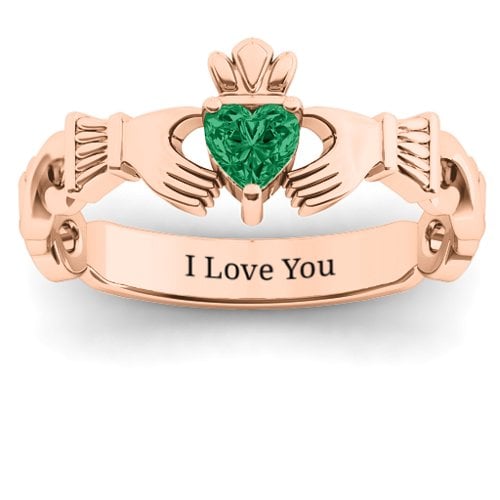 Infinity Claddagh with Heart Stone Ring – 9kt Rose Gold with Emerald
