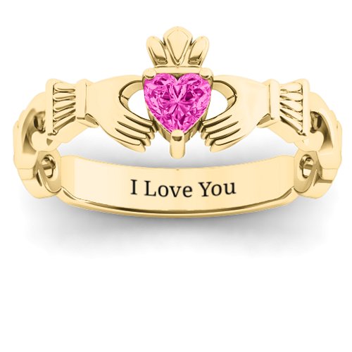 Infinity Claddagh with Heart Stone Ring – 18K Gold Plated Silver with Pink Tourmaline