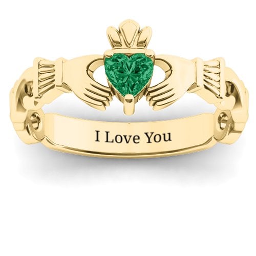 Infinity Claddagh with Heart Stone Ring – 18K Gold Plated Silver with Emerald