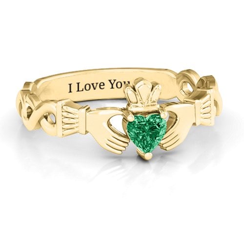 Infinity Claddagh with Heart Stone Ring – 18K Gold Plated Silver with Emerald