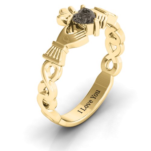 Infinity Claddagh with Heart Stone Ring – 18K Gold Plated Silver with Smokey Quartz