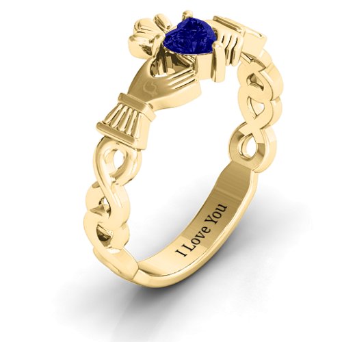 Infinity Claddagh with Heart Stone Ring – 18K Gold Plated Silver with Blue Sapphire