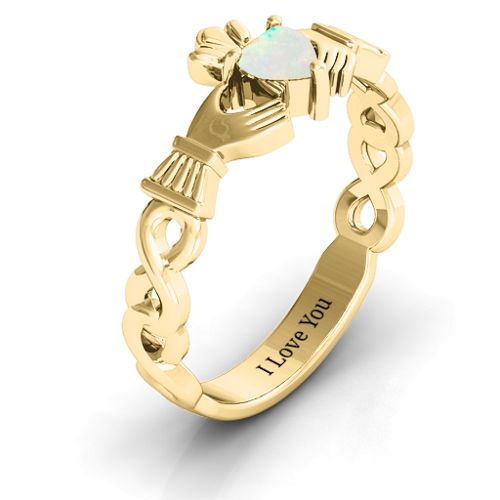 Infinity Claddagh with Heart Stone Ring – 18K Gold Plated Silver with Opal