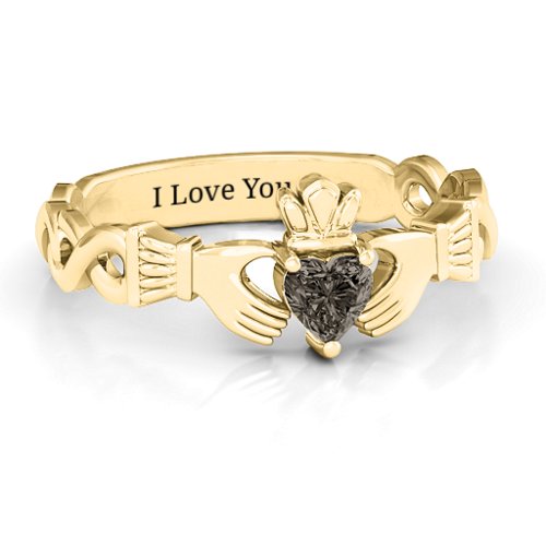 Infinity Claddagh with Heart Stone Ring – 18K Gold Plated Silver with Smokey Quartz