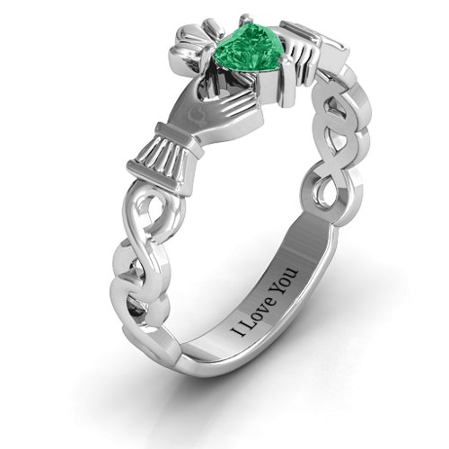 Infinity Claddagh with Heart Stone Ring – Sterling Silver with Emerald