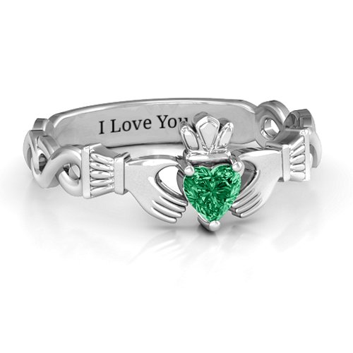 Infinity Claddagh with Heart Stone Ring – Sterling Silver with Emerald