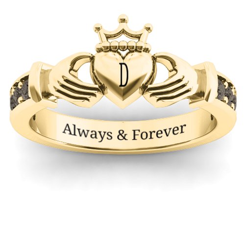 Classic Claddagh Ring with Accents – 18K Gold Plated Silver with Smokey Quartz