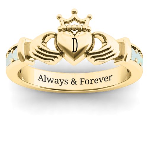 Classic Claddagh Ring with Accents – 18K Gold Plated Silver with Opal