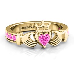 Classic Claddagh Heart Cut Ring with Accents in 18K Gold Plated Silver with Pink Tourmaline