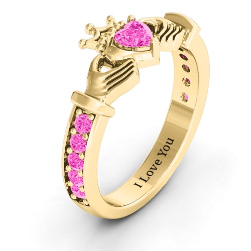 Classic Claddagh Heart Cut Ring with Accents – 18K Gold Plated Silver with Pink Tourmaline