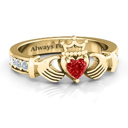 Classic Claddagh Heart Cut Ring with Accents in 18K Gold Plated Silver with Garnet and Cubic Zirconia