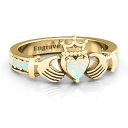 Classic Claddagh Heart Cut Ring with Accents in 18K Gold Plated Silver with Opal