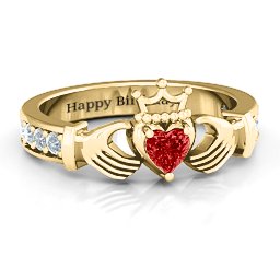 Classic Claddagh Heart Cut Ring with Accents in 18K Gold Plated Silver with Garnet and Cubic Zirconia
