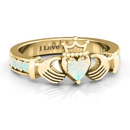 Classic Claddagh Heart Cut Ring with Accents in 18K Gold Plated Silver with Opal