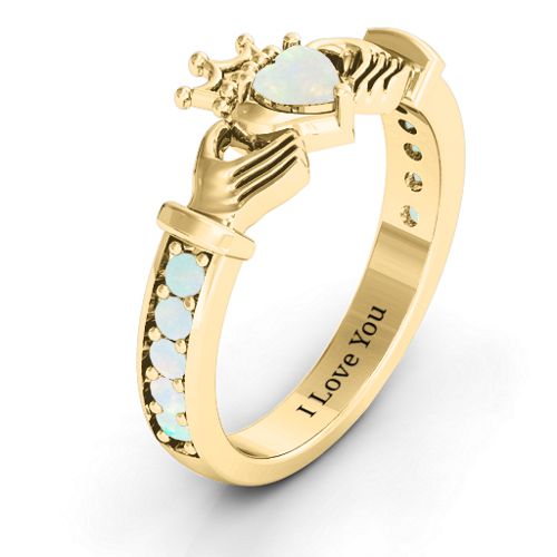 Classic Claddagh Heart Cut Ring with Accents – 18K Gold Plated Silver with Opal