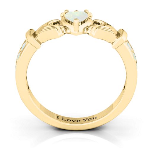 Classic Claddagh Heart Cut Ring with Accents – 18K Gold Plated Silver with Opal