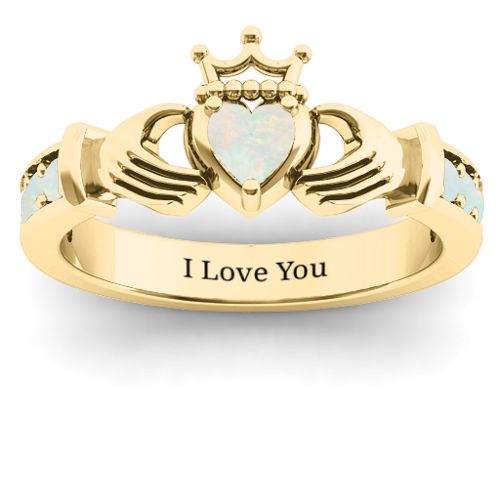 Classic Claddagh Heart Cut Ring with Accents – 18K Gold Plated Silver with Opal