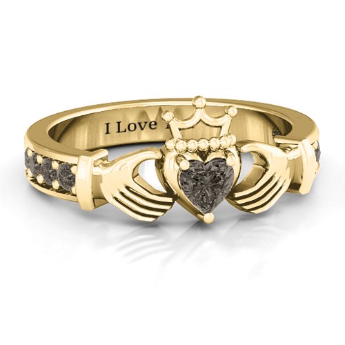 Classic Claddagh Heart Cut Ring with Accents – 18K Gold Plated Silver with Smokey Quartz