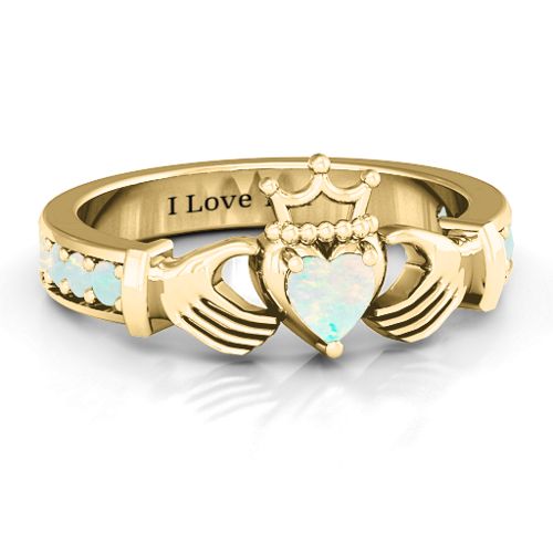 Classic Claddagh Heart Cut Ring with Accents – 18K Gold Plated Silver with Opal