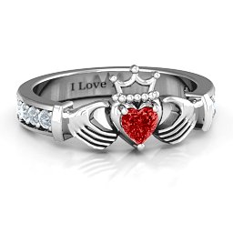 Classic Claddagh Heart Cut Ring with Accents in 925 Sterling Silver with Garnet and Cubic Zirconia