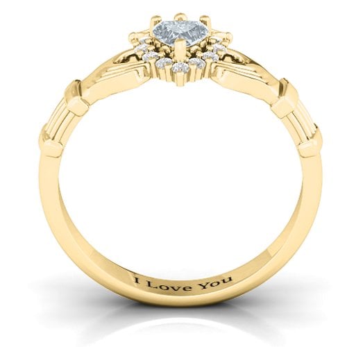 Claddagh with Halo Ring – 18K Gold Plated Silver with Cubic Zirconia and White Premium Zirconia