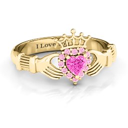 Claddagh with Halo Ring in 18K Gold Plated Silver with Pink Tourmaline and Fancy Pink Premium Zirconia