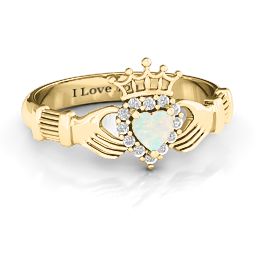 Claddagh with Halo Ring in 18K Gold Plated Silver with Opal and White Premium Zirconia