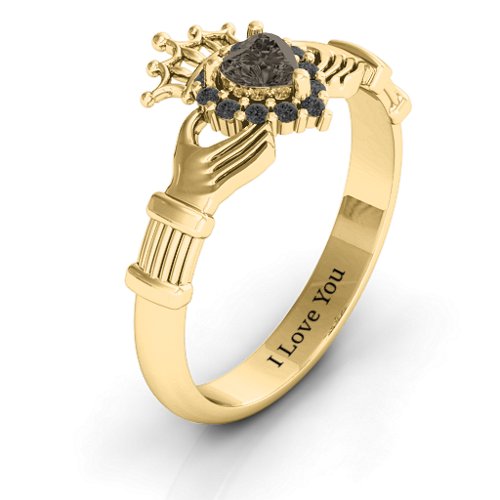 Claddagh with Halo Ring – 18K Gold Plated Silver with Smokey Quartz and Black Premium Zirconia