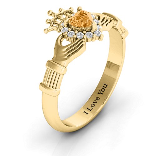 Claddagh with Halo Ring – 18K Gold Plated Silver with Citrine and White Premium Zirconia