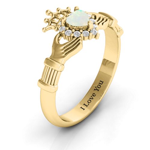 Claddagh with Halo Ring – 18K Gold Plated Silver with Opal and White Premium Zirconia