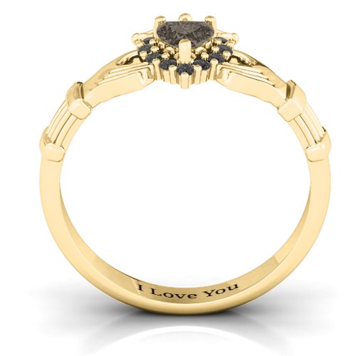 Claddagh with Halo Ring – 18K Gold Plated Silver with Smokey Quartz and Black Premium Zirconia