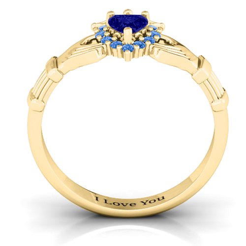 Claddagh with Halo Ring – 18K Gold Plated Silver with Blue Sapphire and Fancy Blue Premium Zirconia