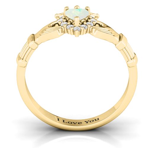Claddagh with Halo Ring – 18K Gold Plated Silver with Opal and White Premium Zirconia