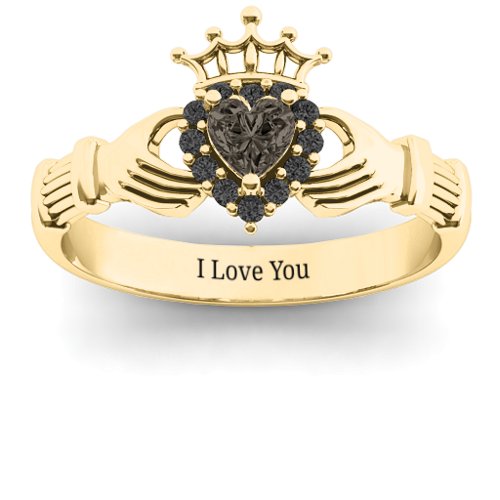 Claddagh with Halo Ring – 18K Gold Plated Silver with Smokey Quartz and Black Premium Zirconia