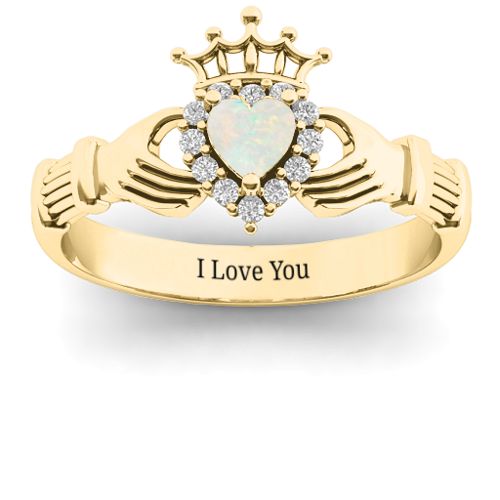 Claddagh with Halo Ring – 18K Gold Plated Silver with Opal and White Premium Zirconia
