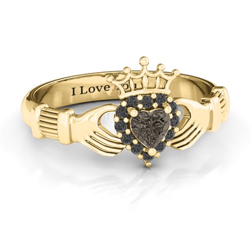 Claddagh with Halo Ring – 18K Gold Plated Silver with Smokey Quartz and Black Premium Zirconia