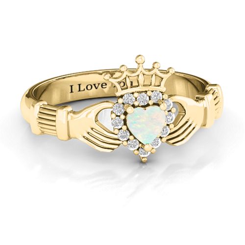 Claddagh with Halo Ring – 18K Gold Plated Silver with Opal and White Premium Zirconia