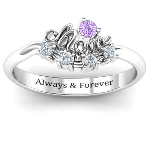 4 - 9 Stone Mom's Glimmering Love Ring – Sterling Silver with Amethyst and Cubic Zirconia