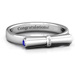 Diploma Scroll Graduation Ring in 925 Sterling Silver with Blue Sapphire