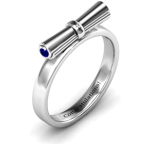 Diploma Scroll Graduation Ring – Sterling Silver with Blue Sapphire